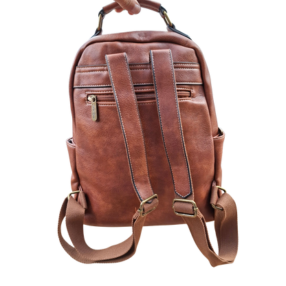 Cotton Road Backpack: BROWN PU Leather Vintage Style Backpack backstraps back view