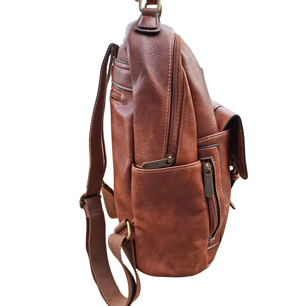 Cotton Road Backpack: BROWN PU Leather Vintage Style Backpack side