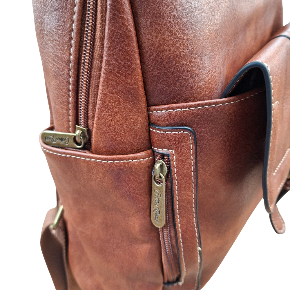 Cotton Road Backpack: BROWN PU Leather Vintage Style Backpack side pocket view