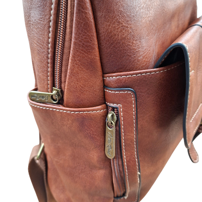 Cotton Road Backpack: BROWN PU Leather Vintage Style Backpack side pocket view