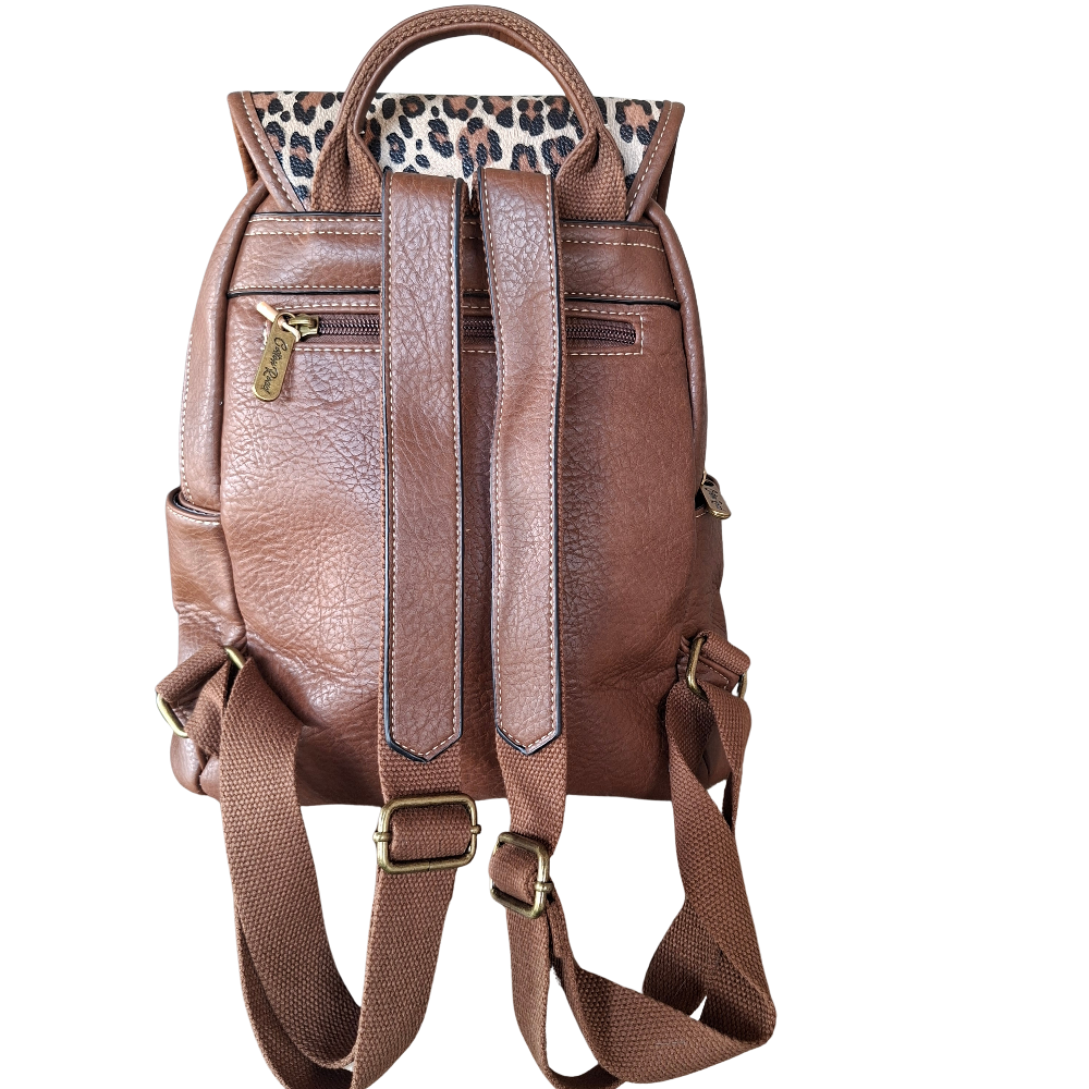 Cotton Road Backpack: BROWN PU Leather with LEOPARD Print BACK STRAPS VIEW