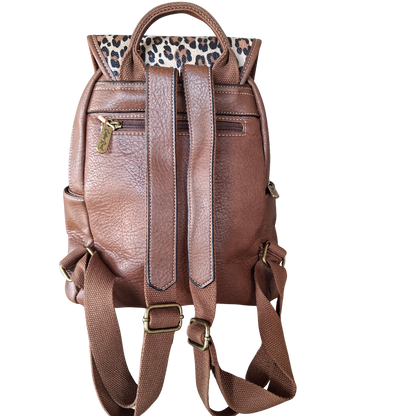Cotton Road Backpack: BROWN PU Leather with LEOPARD Print BACK STRAPS VIEW