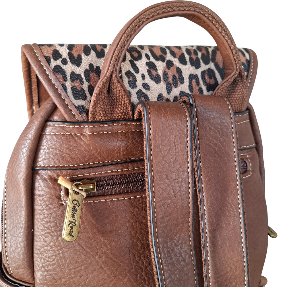 Cotton Road Backpack: BROWN PU Leather with LEOPARD Print BACK ZOOM VIEW