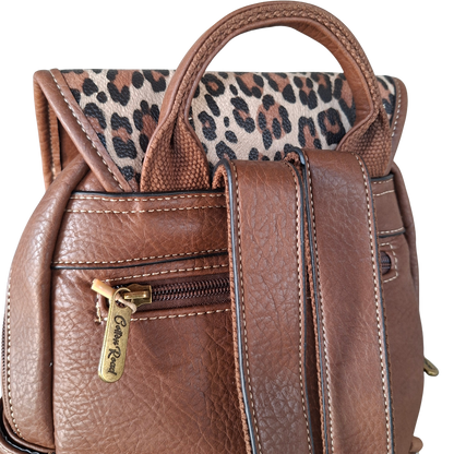 Cotton Road Backpack: BROWN PU Leather with LEOPARD Print BACK ZOOM VIEW