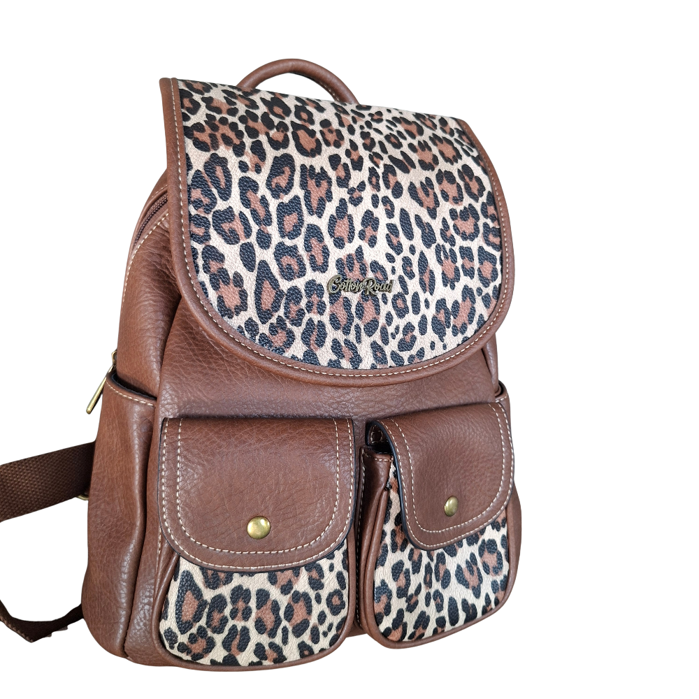 Cotton Road Backpack: BROWN PU Leather with LEOPARD Print FRONT