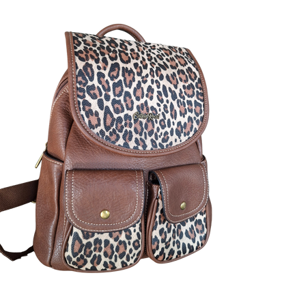 Cotton Road Backpack: BROWN PU Leather with LEOPARD Print FRONT
