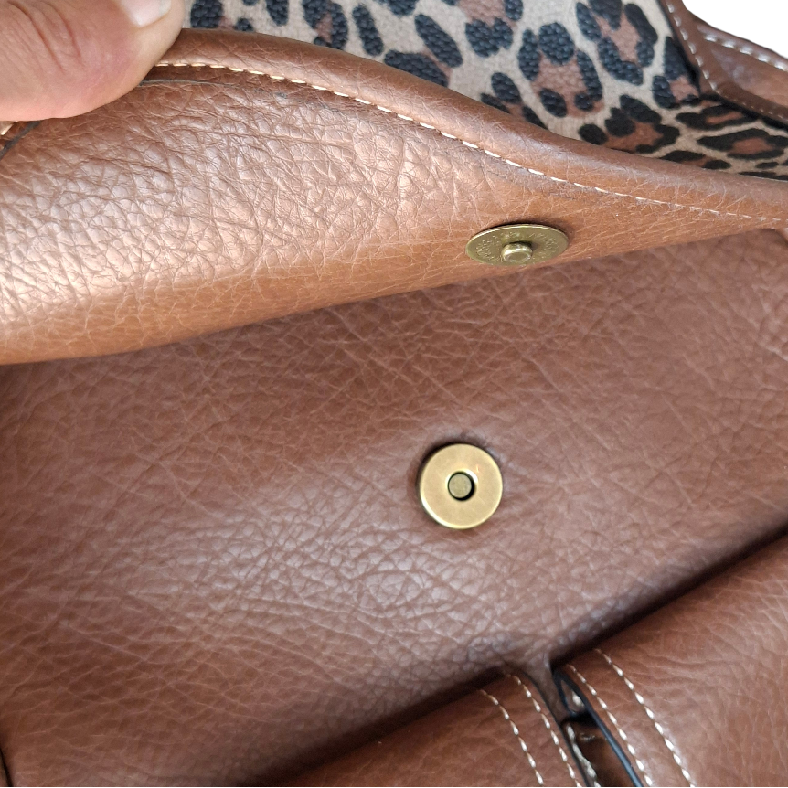 Cotton Road Backpack: BROWN PU Leather with LEOPARD Print FRONT FLAP OPEN WITH MAGNETIC CLIP