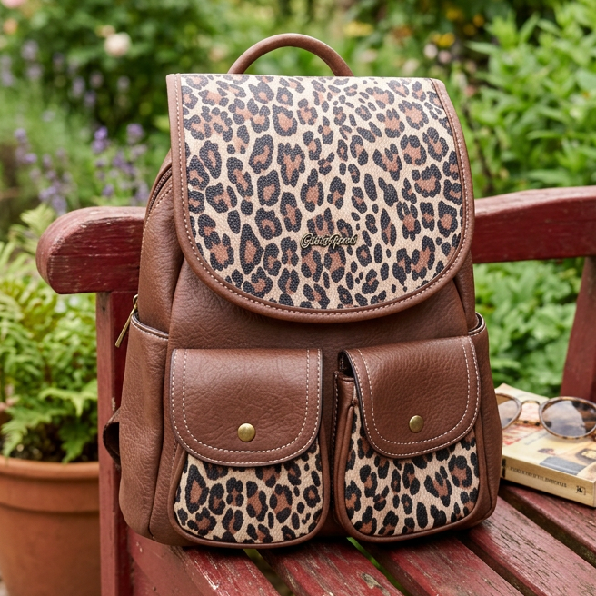 Cotton Road Backpack: BROWN PU Leather with LEOPARD Print HERO VIEW