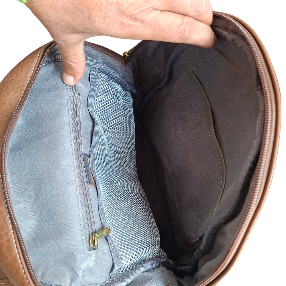 Cotton Road Backpack: BROWN PU Leather with LEOPARD Print OPEN 