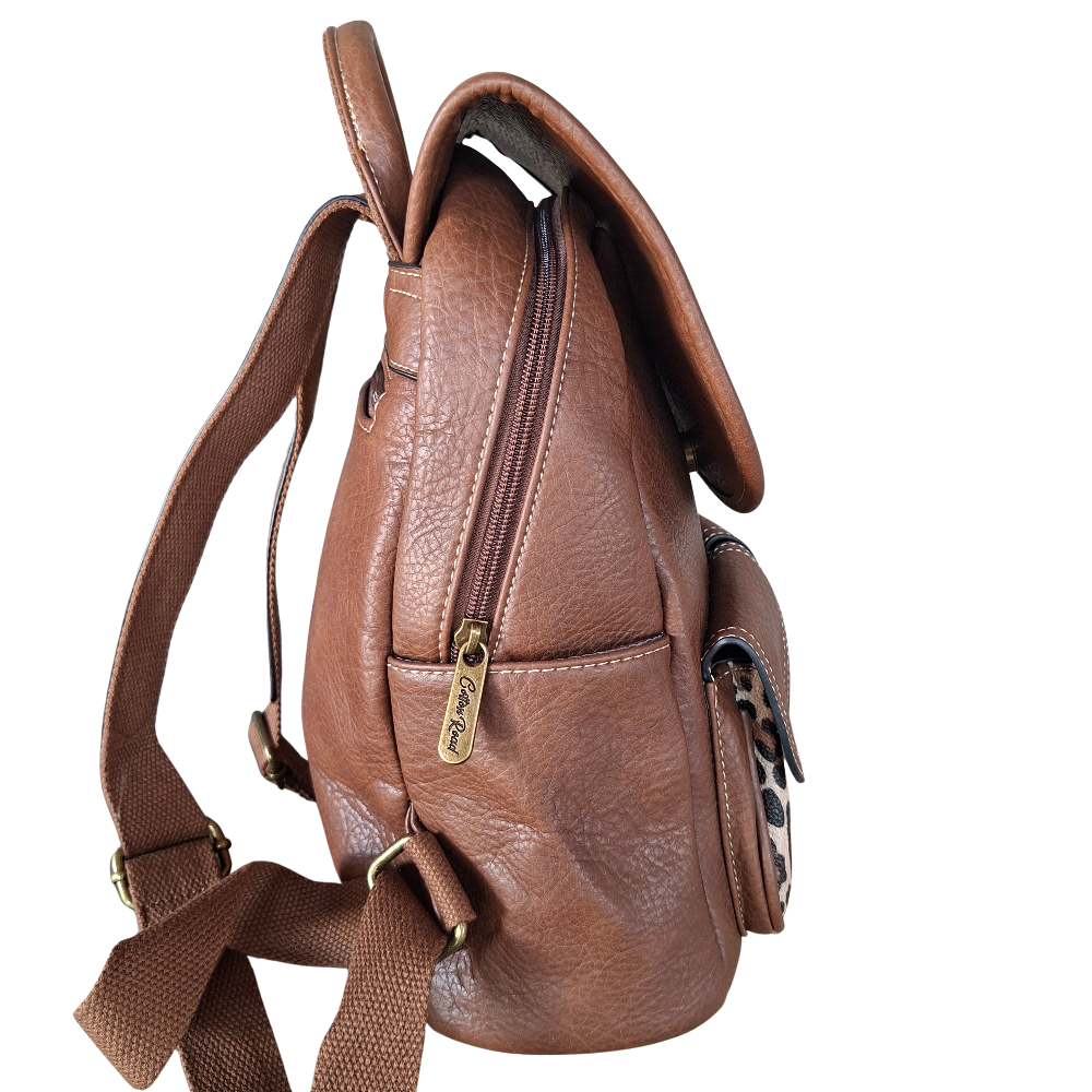 Cotton Road Backpack: BROWN PU Leather with LEOPARD Print SIDE