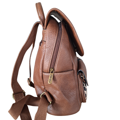 Cotton Road Backpack: BROWN PU Leather with LEOPARD Print SIDE