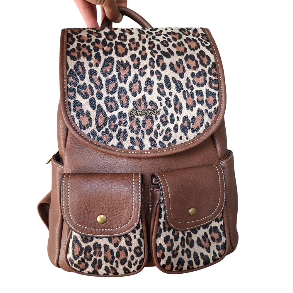 Cotton Road Backpack: BROWN PU Leather with LEOPARD Print ZOOM VIEW