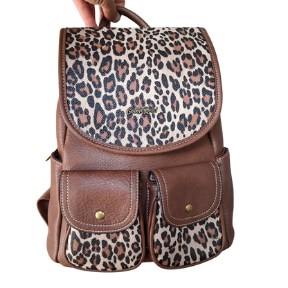 Cotton Road Backpack: BROWN PU Leather with LEOPARD Print ZOOM VIEW