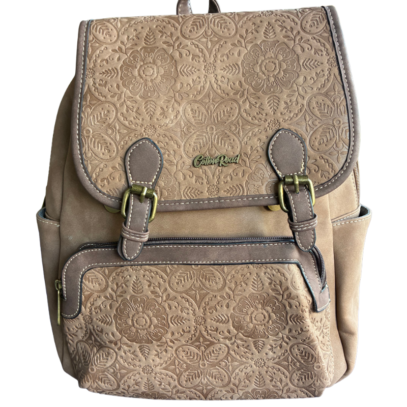 Cotton Road Backpack: BROWN Suede-Style PU Leather with Embossed Print