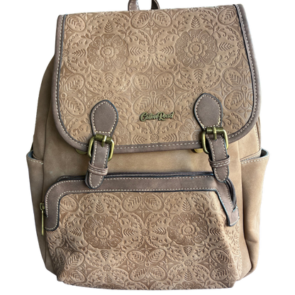 Cotton Road Backpack: BROWN Suede-Style PU Leather with Embossed Print