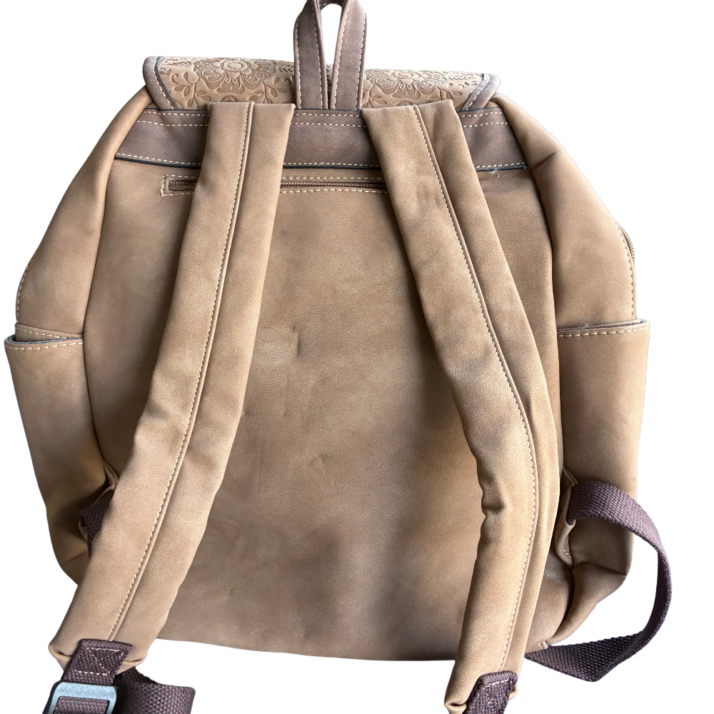 Cotton Road Backpack: BROWN Suede-Style PU Leather with Embossed Print BACK