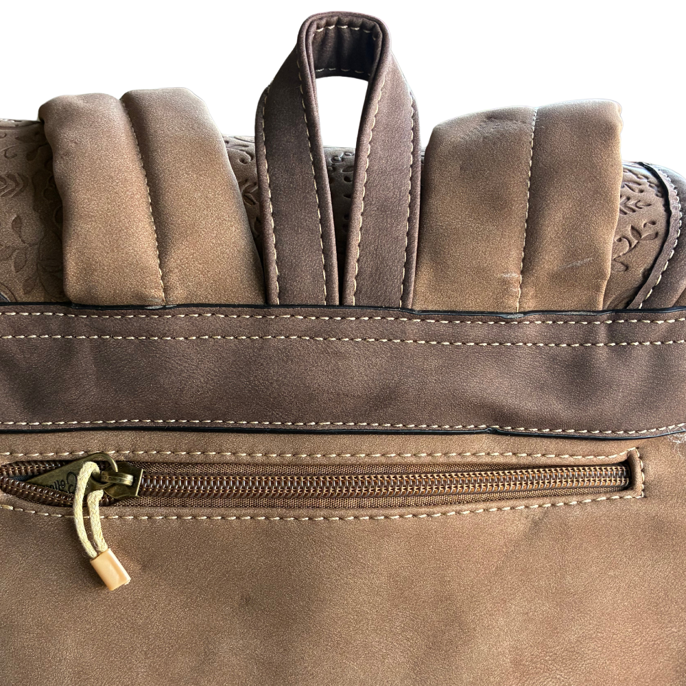 Cotton Road Backpack: BROWN Suede-Style PU Leather with Embossed Print BACK POCKET