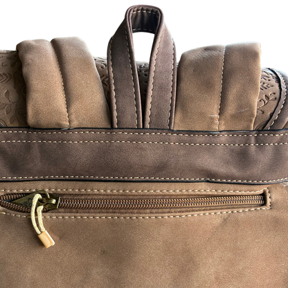 Cotton Road Backpack: BROWN Suede-Style PU Leather with Embossed Print BACK POCKET