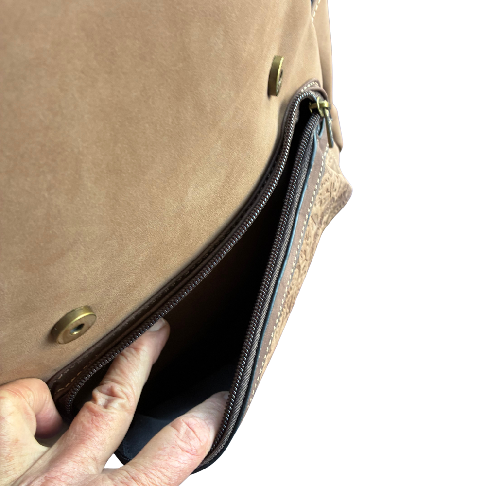 Cotton Road Backpack: BROWN Suede-Style PU Leather with Embossed Print FRONT POCKET