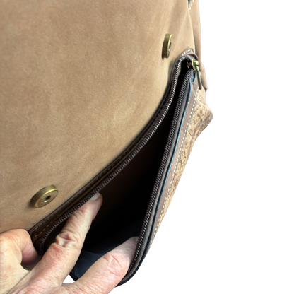 Cotton Road Backpack: BROWN Suede-Style PU Leather with Embossed Print FRONT POCKET
