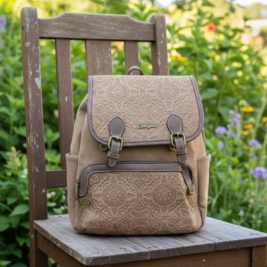 Cotton Road Backpack: BROWN Suede-Style PU Leather with Embossed Print HERO