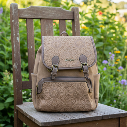 Cotton Road Backpack: BROWN Suede-Style PU Leather with Embossed Print HERO