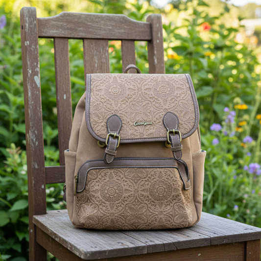 Cotton Road Backpack: BROWN Suede-Style PU Leather with Embossed Print HERO