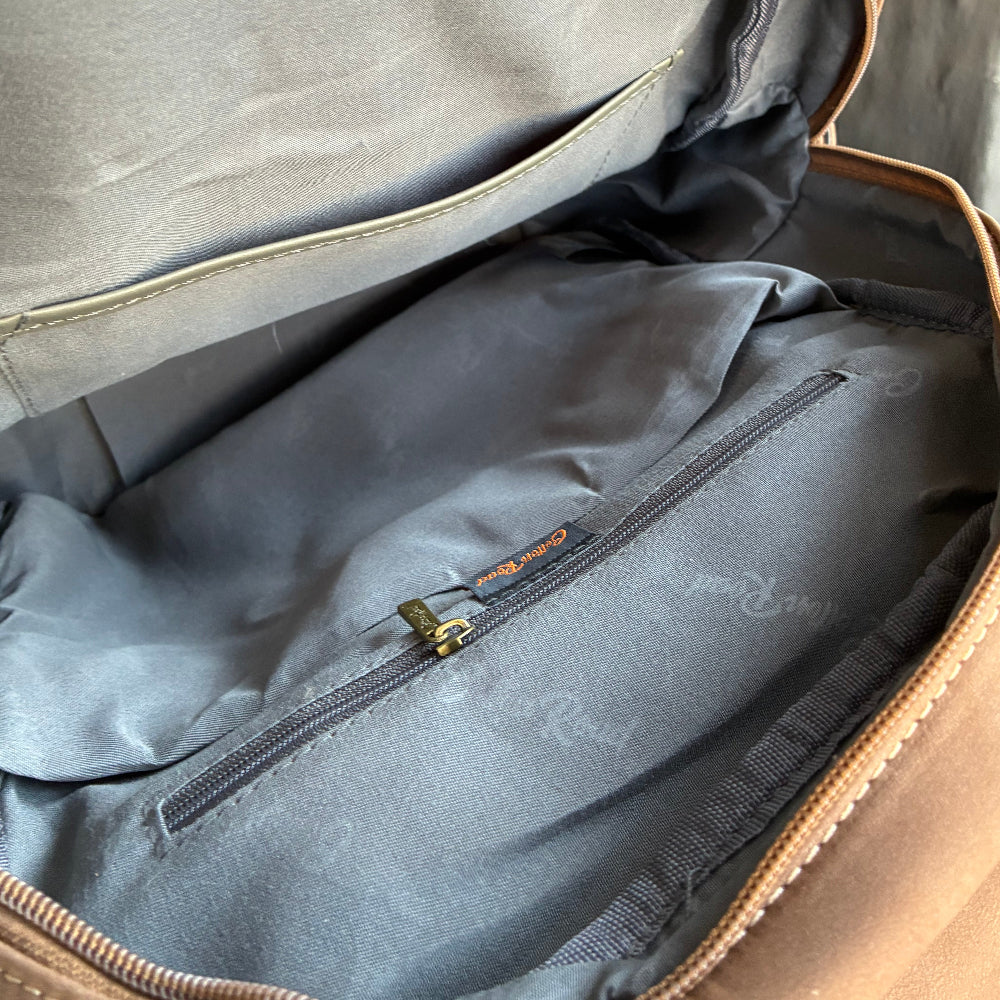 Cotton Road Backpack: BROWN Suede-Style PU Leather with Embossed Print OPEN VIEW