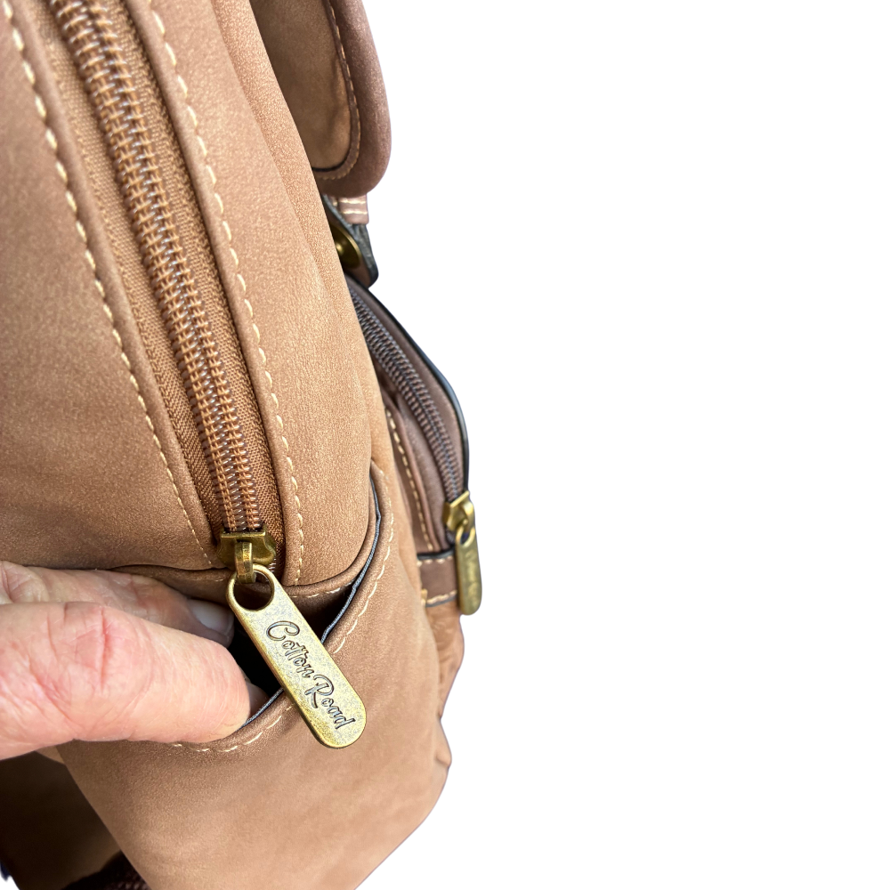 Cotton Road Backpack: BROWN Suede-Style PU Leather with Embossed Print SIDE POCKET