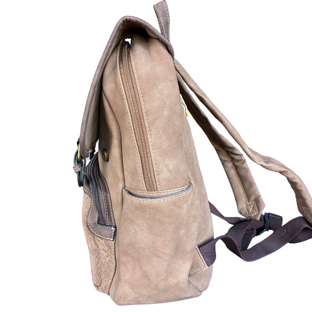 Cotton Road Backpack: BROWN Suede-Style PU Leather with Embossed Print SIDE VIEW