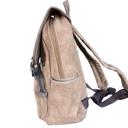 Cotton Road Backpack: BROWN Suede-Style PU Leather with Embossed Print SIDE VIEW