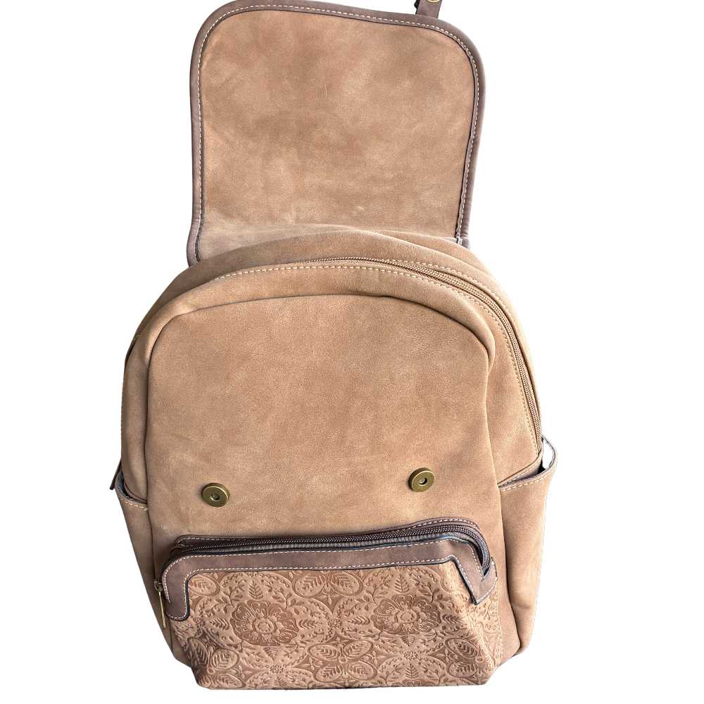 Cotton Road Backpack: BROWN Suede-Style PU Leather with Embossed Print TOP FLAP OPEN