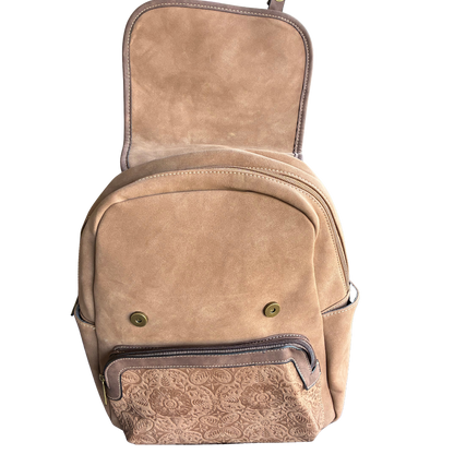 Cotton Road Backpack: BROWN Suede-Style PU Leather with Embossed Print TOP FLAP OPEN