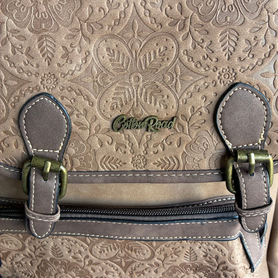 Cotton Road Backpack: BROWN Suede-Style PU Leather with Embossed Print ZOOM VIEW
