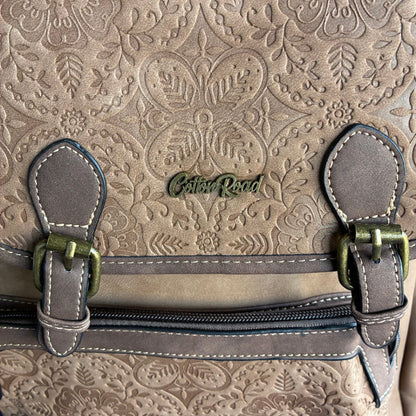 Cotton Road Backpack: BROWN Suede-Style PU Leather with Embossed Print ZOOM VIEW