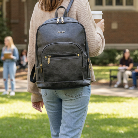 Cotton Road Backpack: CHARCOAL BLACK PU Leather Laptop Backpack LIFESTYLE