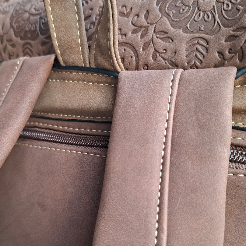 Cotton Road Backpack: COFFEE BROWN Suede-Style PU Leather with Embossed Print BACK STRAP 