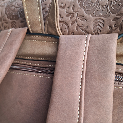 Cotton Road Backpack: COFFEE BROWN Suede-Style PU Leather with Embossed Print BACK STRAP 