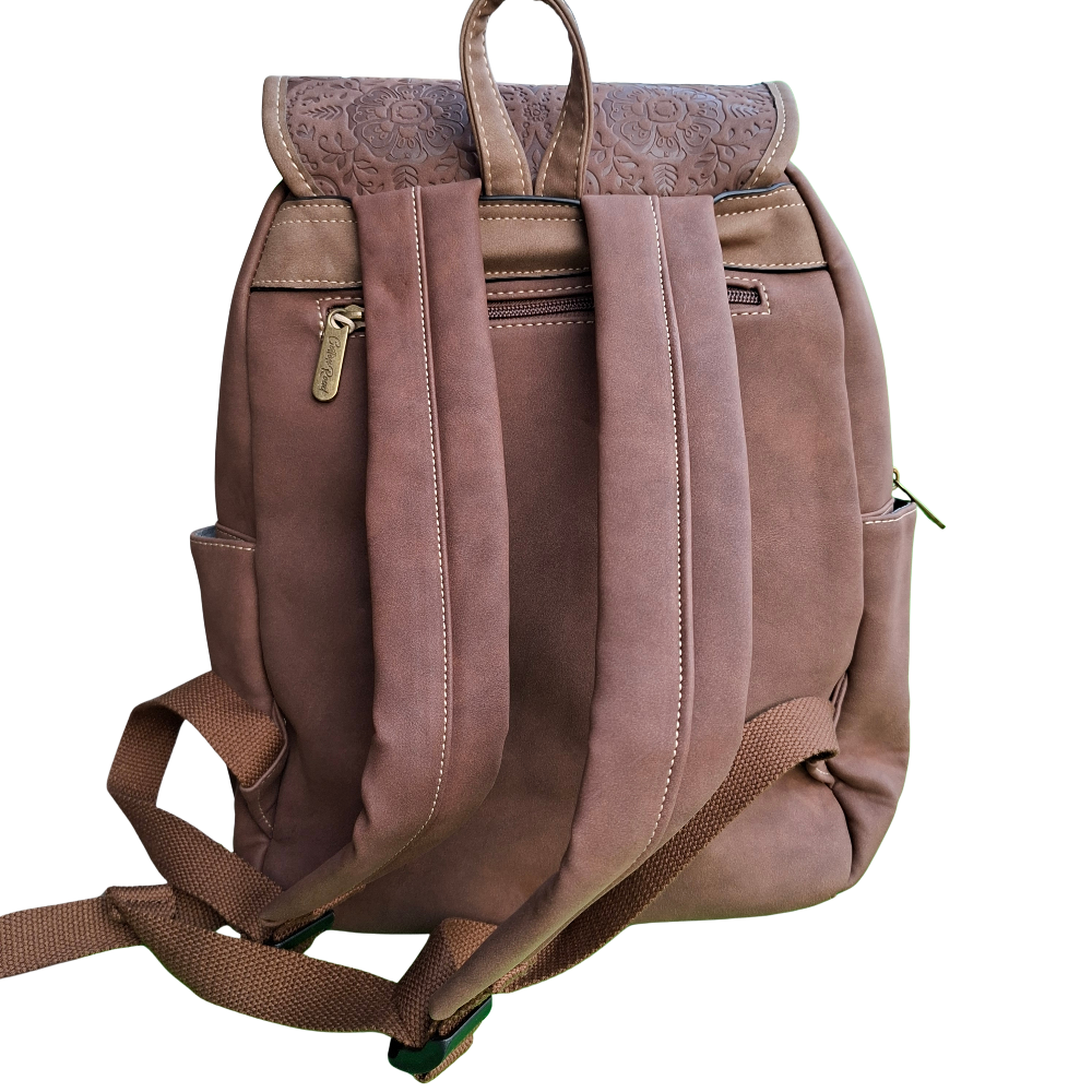 Cotton Road Backpack: COFFEE BROWN Suede-Style PU Leather with Embossed Print BACK VIEW