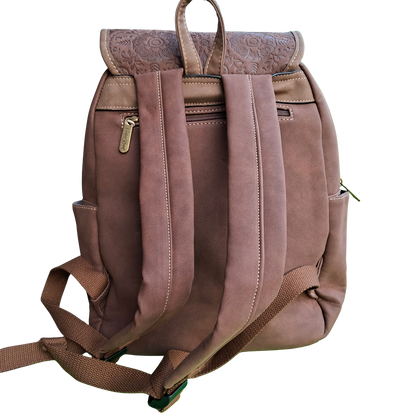 Cotton Road Backpack: COFFEE BROWN Suede-Style PU Leather with Embossed Print BACK VIEW