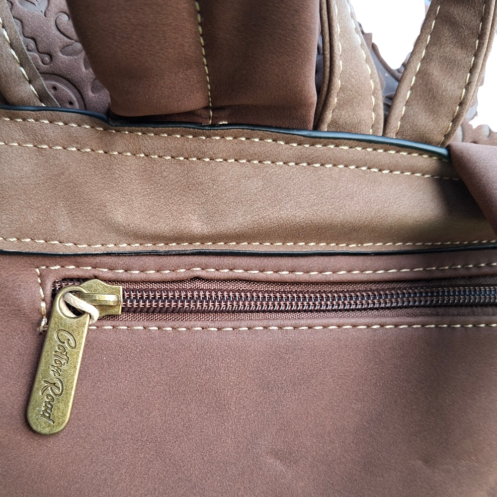 Cotton Road Backpack: COFFEE BROWN Suede-Style PU Leather with Embossed Print BACK ZIPPED POCKET
