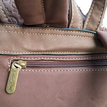 Cotton Road Backpack: COFFEE BROWN Suede-Style PU Leather with Embossed Print BACK ZIPPED POCKET