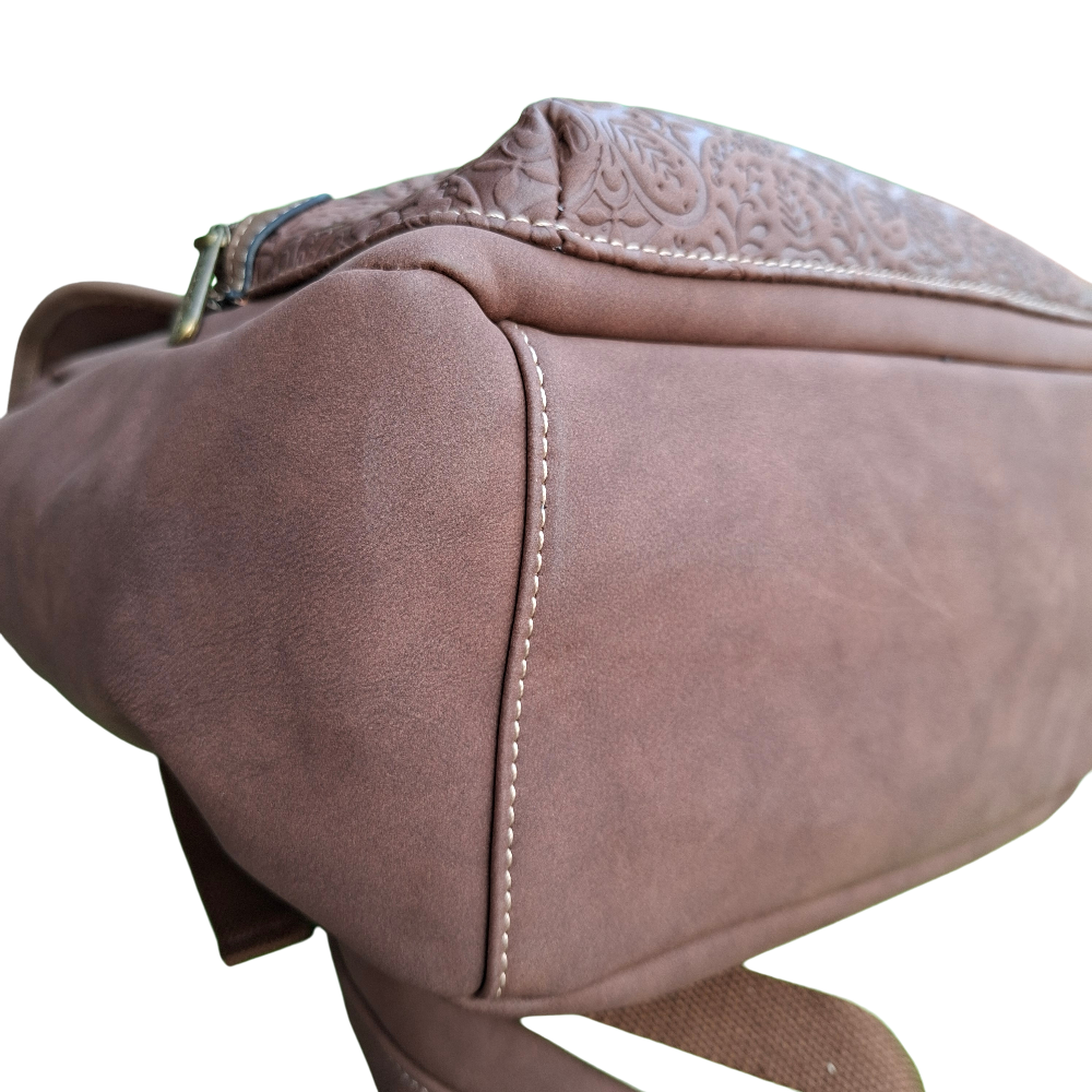 Cotton Road Backpack: COFFEE BROWN Suede-Style PU Leather with Embossed Print BOTTOM VIEW