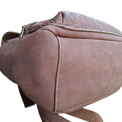 Cotton Road Backpack: COFFEE BROWN Suede-Style PU Leather with Embossed Print BOTTOM VIEW