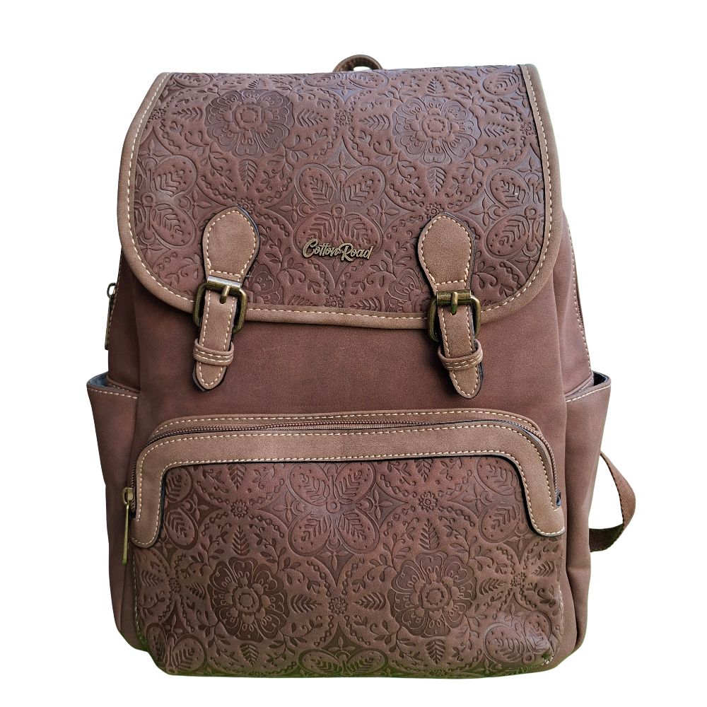 Cotton Road Backpack: COFFEE BROWN Suede-Style PU Leather with Embossed Print FRONT