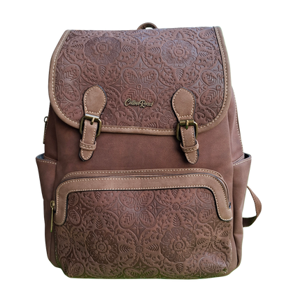 Cotton Road Backpack: COFFEE BROWN Suede-Style PU Leather with Embossed Print FRONT