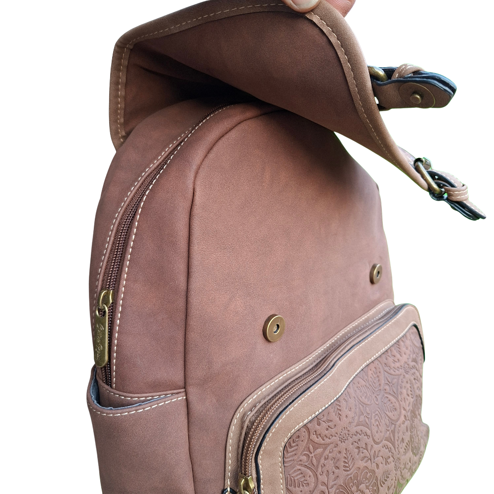 Cotton Road Backpack: COFFEE BROWN Suede-Style PU Leather with Embossed Print FRONT FLAP OPEN