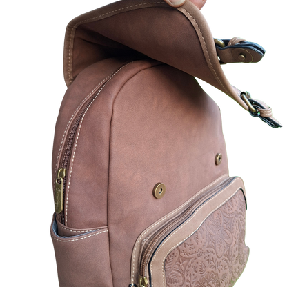 Cotton Road Backpack: COFFEE BROWN Suede-Style PU Leather with Embossed Print FRONT FLAP OPEN