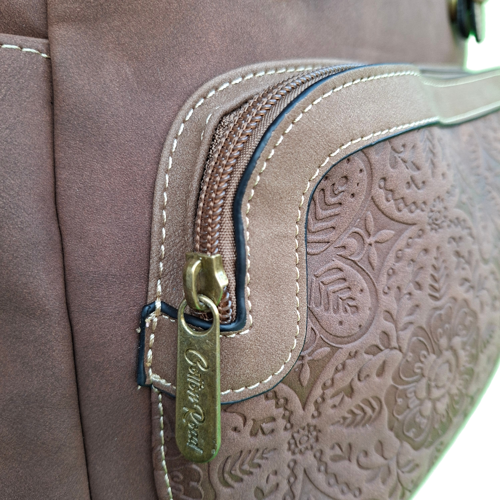 Cotton Road Backpack: COFFEE BROWN Suede-Style PU Leather with Embossed Print FRONT POCKET ZIP