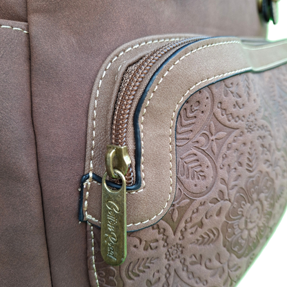 Cotton Road Backpack: COFFEE BROWN Suede-Style PU Leather with Embossed Print FRONT POCKET ZIP